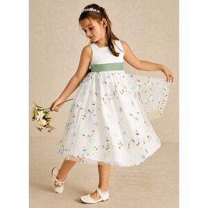 Azazie Pollie Girls Floral Applique Dress White/Blue Bow‎ Size 10 New With Tags